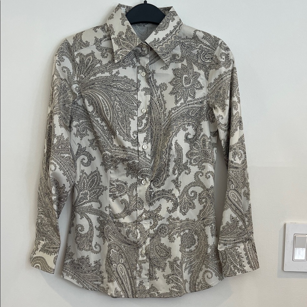 ETRO Cream Beige Black Paisley Patterned Women’s Button Down Tailored Shirt XS